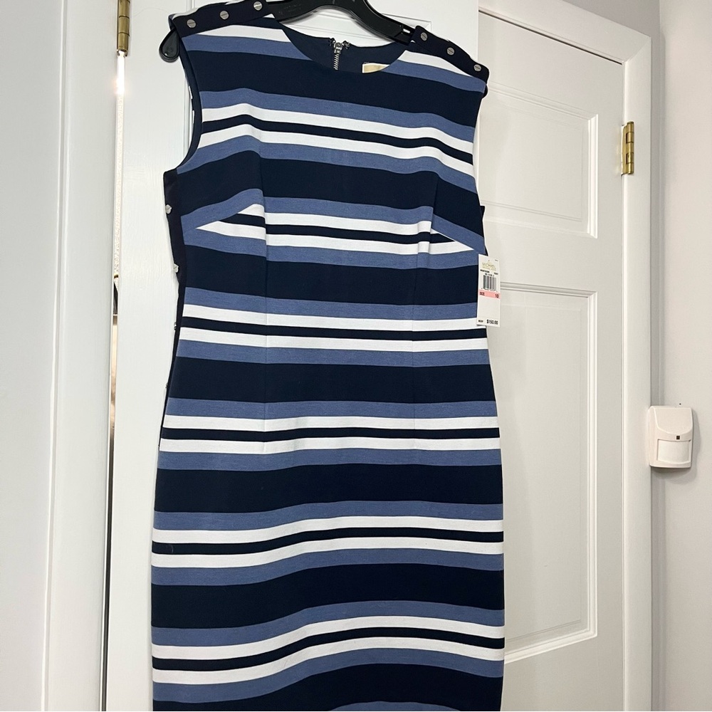 Michael Kors Collection Blue and White Sheath Dress Crew Neck Sleeveless